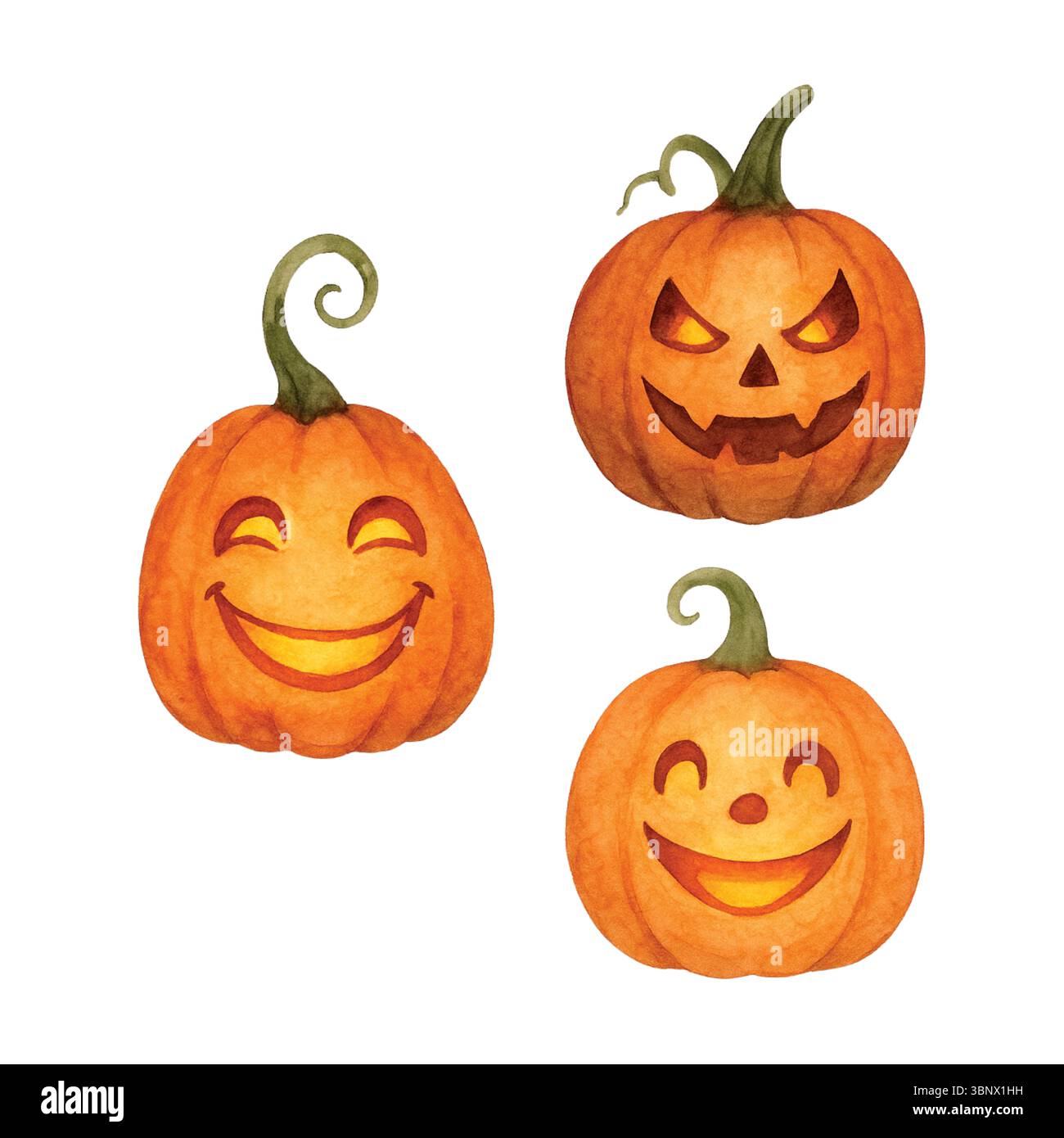 Citrouilles aquarelles avec des expressions joyeuses et effrayantes – clipart d’Halloween Banque D'Images