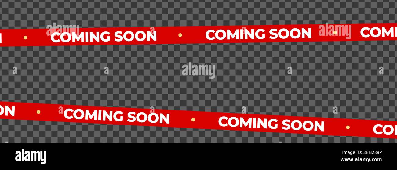 Bientôt disponible Red Banner Tape Stripe pour ouverture de boutique, lancement de soldes, avis de vente au détail, publicité de magasin, teaser de campagne, arrivée des produits, mise en page marketing. Produit Illustration de Vecteur
