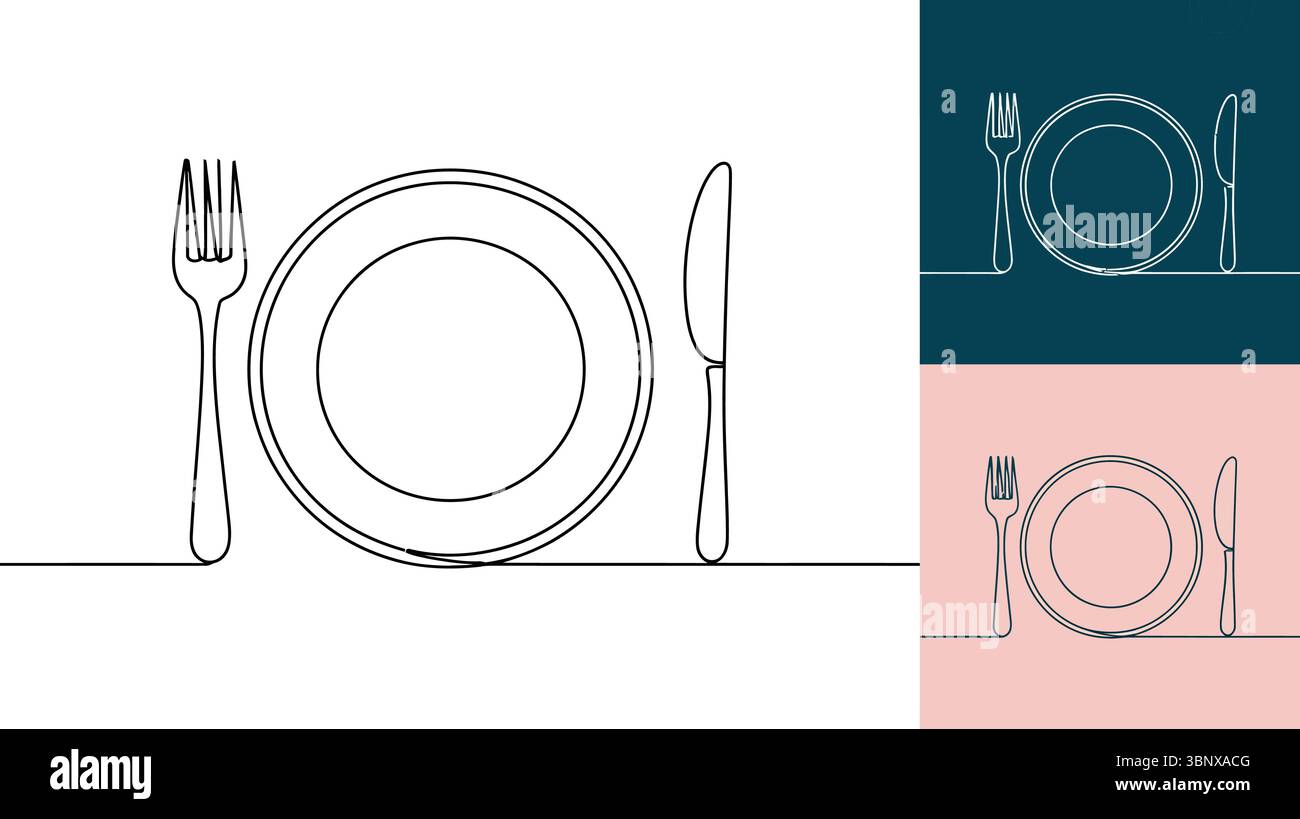 Mangez bien assiette en ligne continue et logo de couverts Illustration de Vecteur