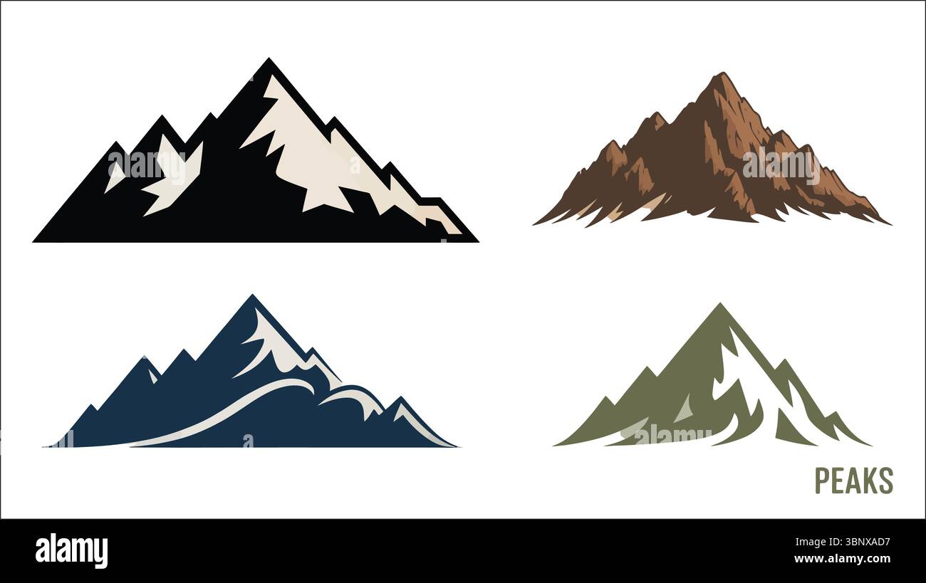 Silhouette de pic de montagne dans les styles de couleurs noir, marron, bleu et vert avec un design audacieux Illustration de Vecteur