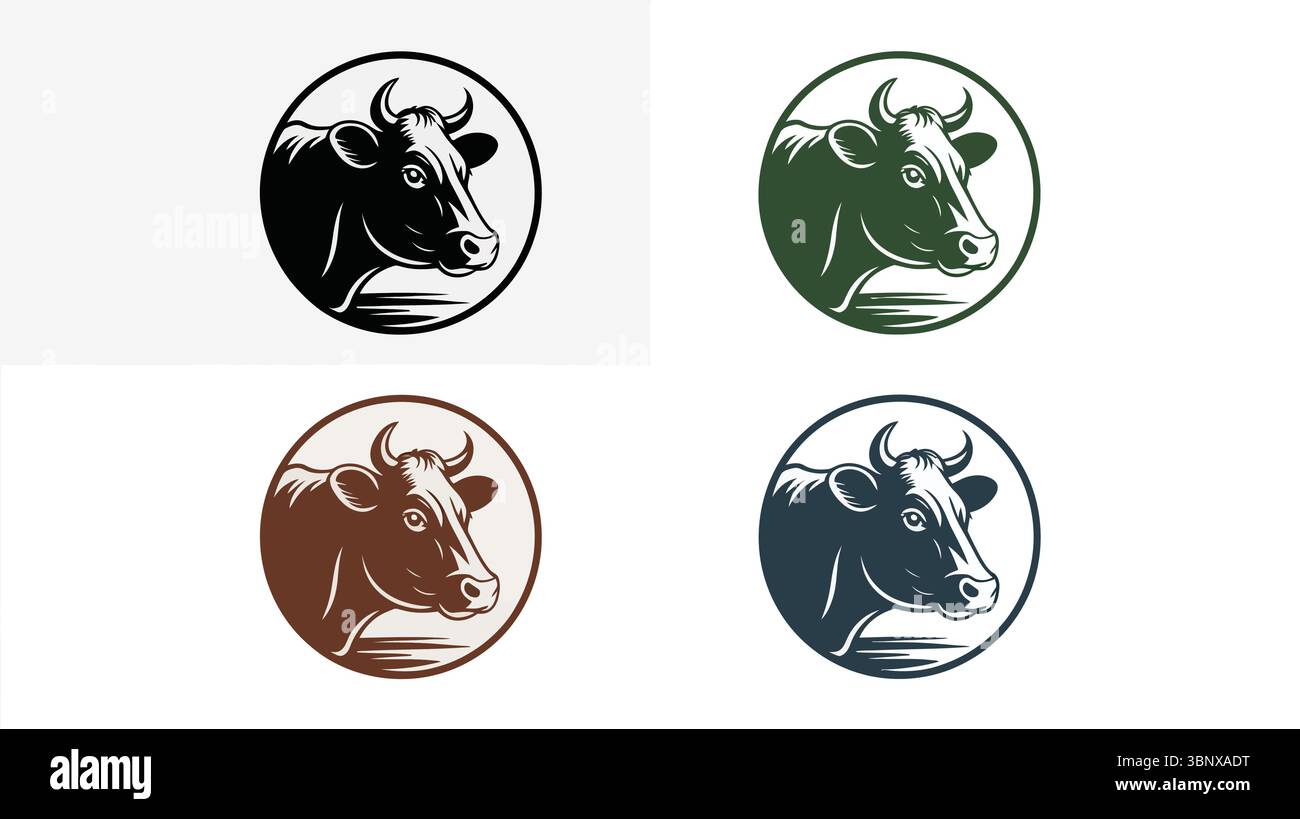 Logo de tête de vache en cercle, badge d'animal de ferme classique Illustration de Vecteur