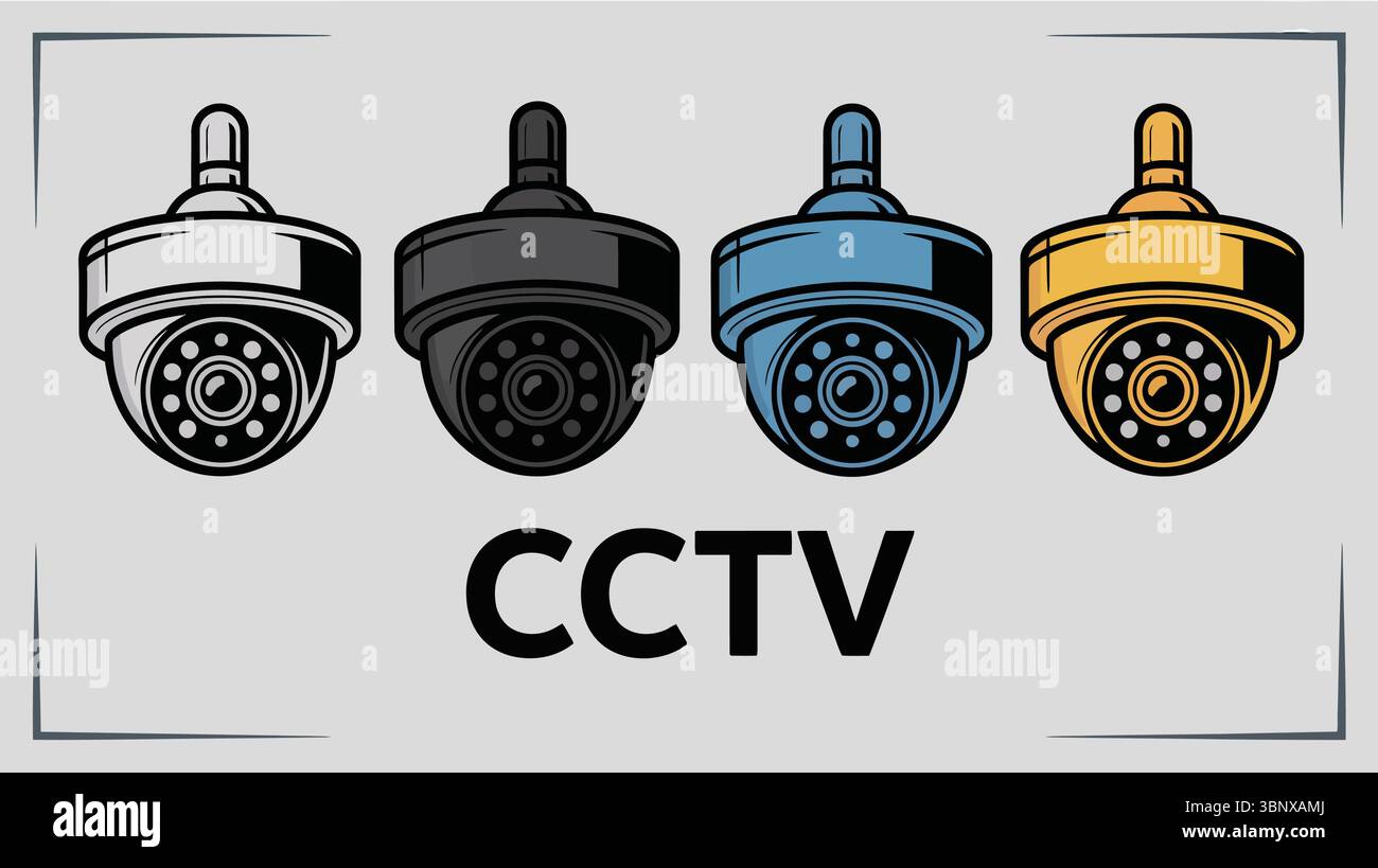 Icône de caméra CCTV avec quatre styles noir, gris, bleu et jaune, contour gras, texte ci-dessous Illustration de Vecteur