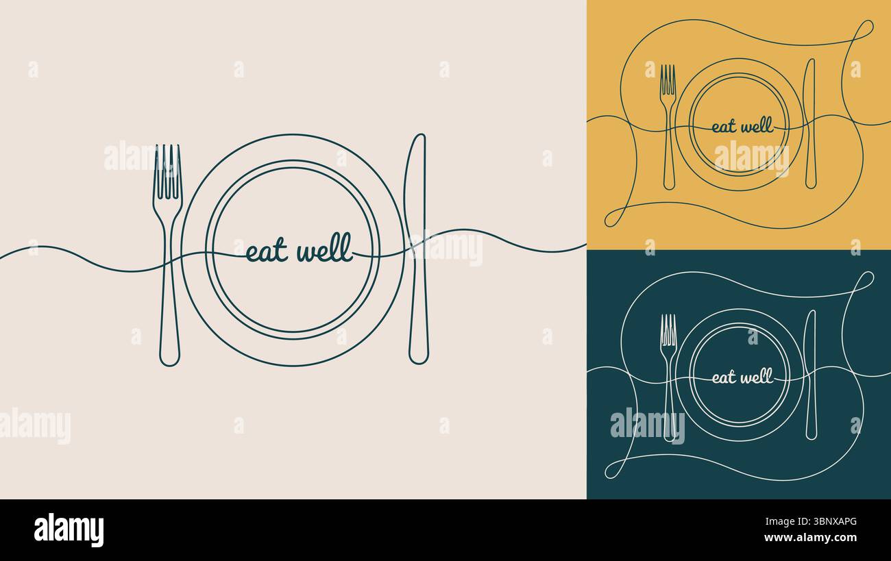 Mangez bien assiette en ligne continue et logo de couverts Illustration de Vecteur