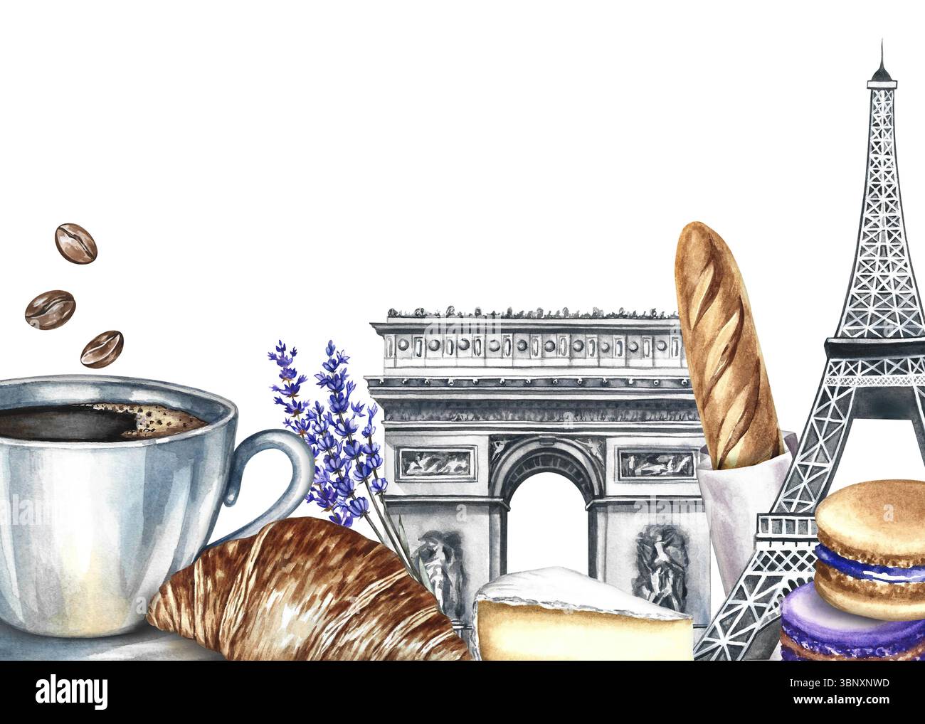 Un cadre avec des images des monuments et de la cuisine parisienne. Illustration d'aquarelle dessinée à la main. Baguette, fromage, croissant, biscuit aux amandes et une tasse de Banque D'Images