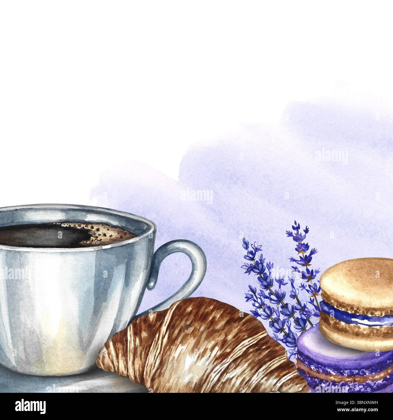 Encadrer avec une photo d'une tasse de café, des biscuits aux amandes et des croissants. Illustration d'aquarelle dessinée à la main. Cuisine française. Pour emballage, cartes postales Banque D'Images