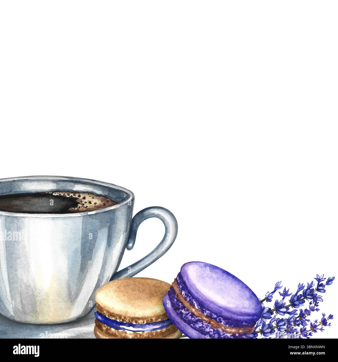 Cadre de bordure avec une photo d'une tasse de café, des biscuits aux amandes et de la lavande. Illustration d'aquarelle dessinée à la main. Cuisine française. Pour l'emballage Banque D'Images