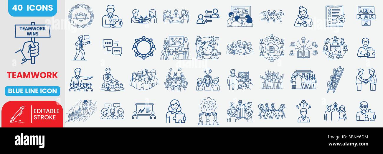 Icônes de mascotte Blue Line 40 : travail d'équipe, collaboration, leadership et communication au bureau Illustration de Vecteur