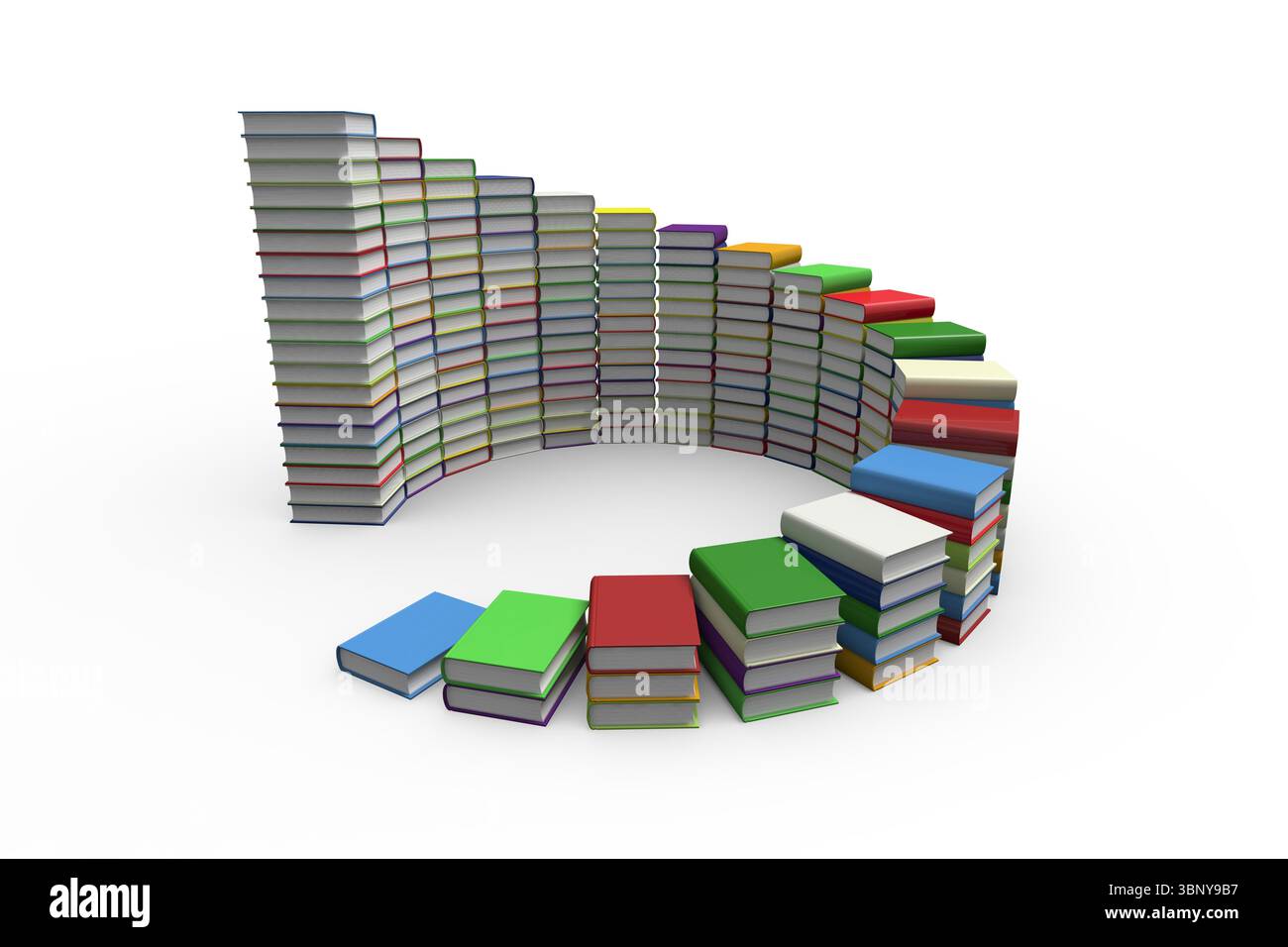 Les piles colorées de livres à couverture rigide forment un arc semi-circulaire sur fond blanc, espace de copie Banque D'Images