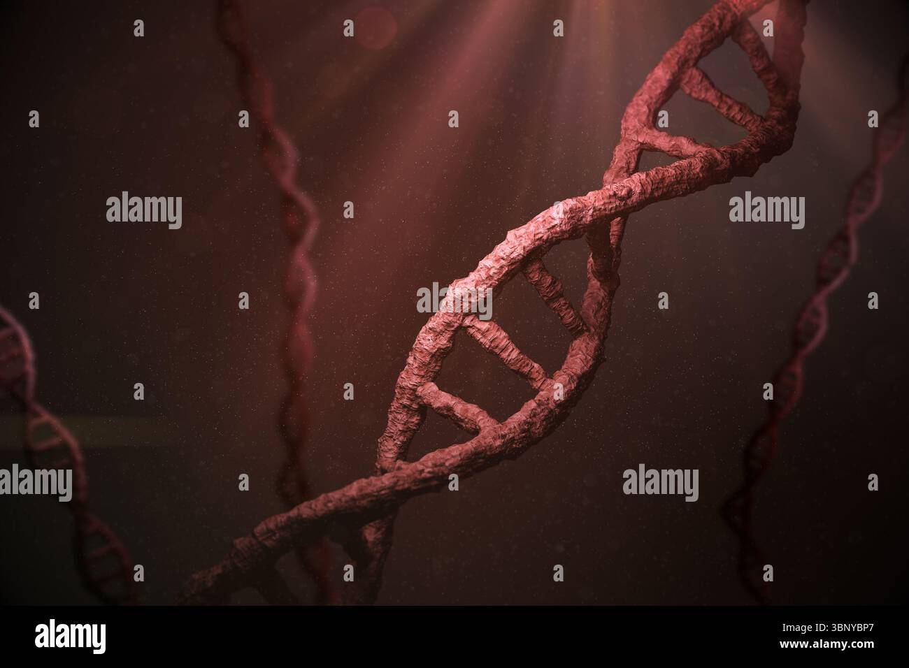 Rendu 3D montrant des hélices d'ADN robustes dans un vide sombre avec lumière rouge, particules dérivantes, espace de copie Banque D'Images Rendu 3D montrant des hélices d'ADN robustes dans un vide sombre avec lumière rouge, particules dérivantes, espace de copie Banque D'Images