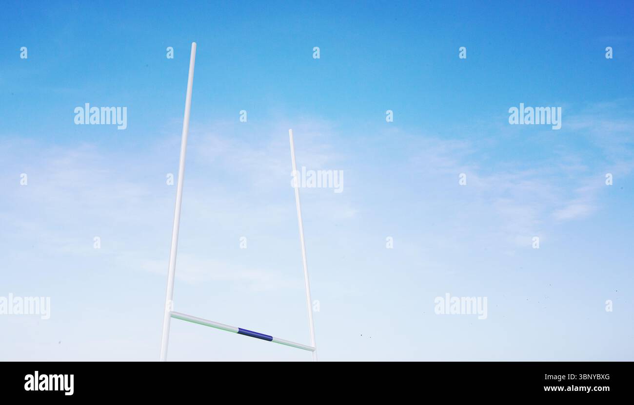 Illustration de conception plate montrant des poteaux de but de rugby s'élevant contre un ciel bleu clair avec des nuages sinueux Banque D'Images