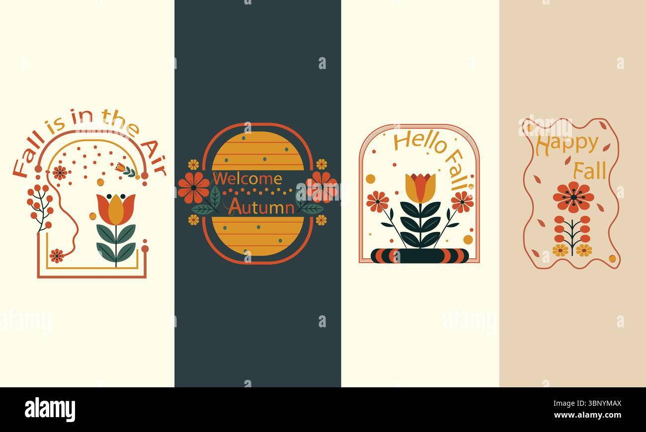 Ensemble graphique vectoriel avec illustration de thème de saison d'automne. Y compris des phrases telles que Happy Fall, Hello Fall, Welcome automne, l’automne est dans l’air. Illustration de Vecteur