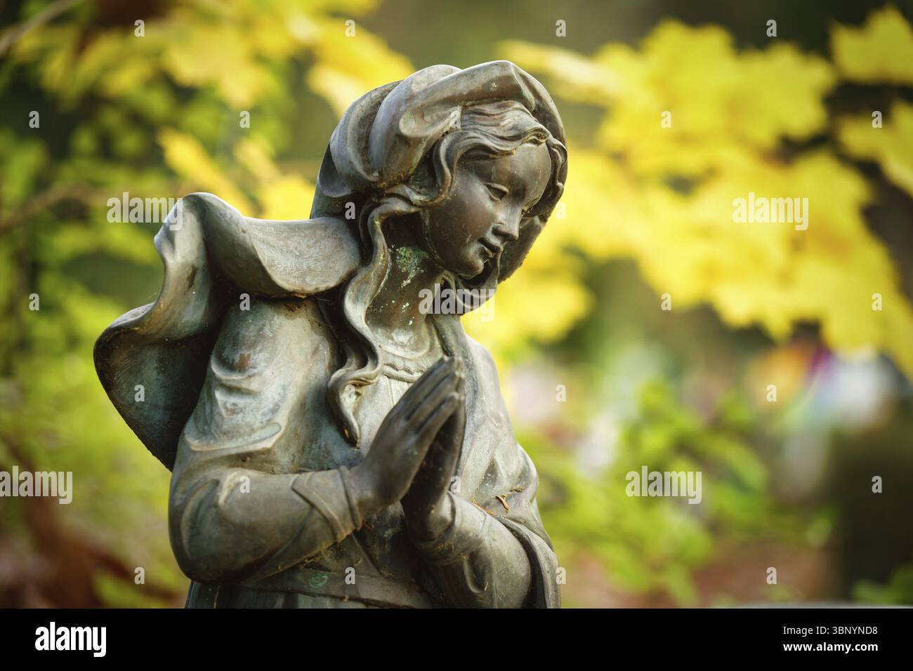 Statue affectueuse et attentionnée d'une femme avec les mains priantes sur une pierre tombale d'un cimetière devant des feuilles d'automne brillantes dans un fond flou Banque D'Images