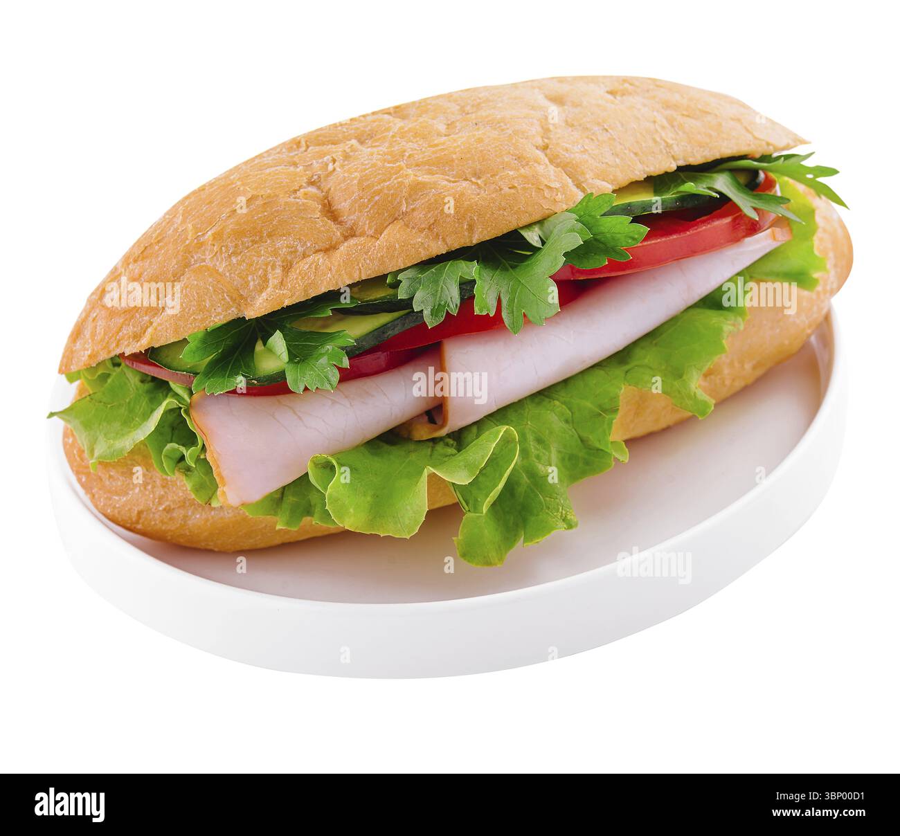 Nature morte, délicieux sandwich au jambon isolé sur plaque blanche Banque D'Images