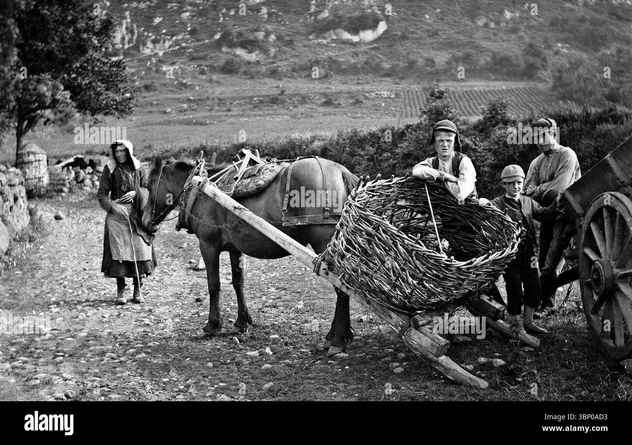 Photographie de la fin du XIXe siècle d'une famille avec un mode de transport traditionnel sur la route de Garron, près de Glenariff dans le comté d'Antrim, en Irlande du Nord. Banque D'Images
