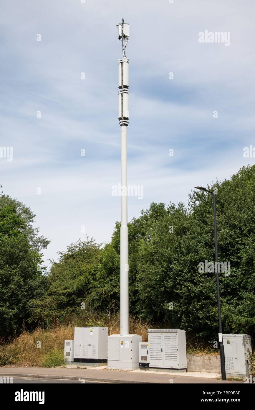 Mât de téléphone portable monopole s'élevant au-dessus des toits sur Smeaton Road à Enfield Lock, Londres. Infrastructure urbaine de télécommunications sur une str. Résidentielle Banque D'Images