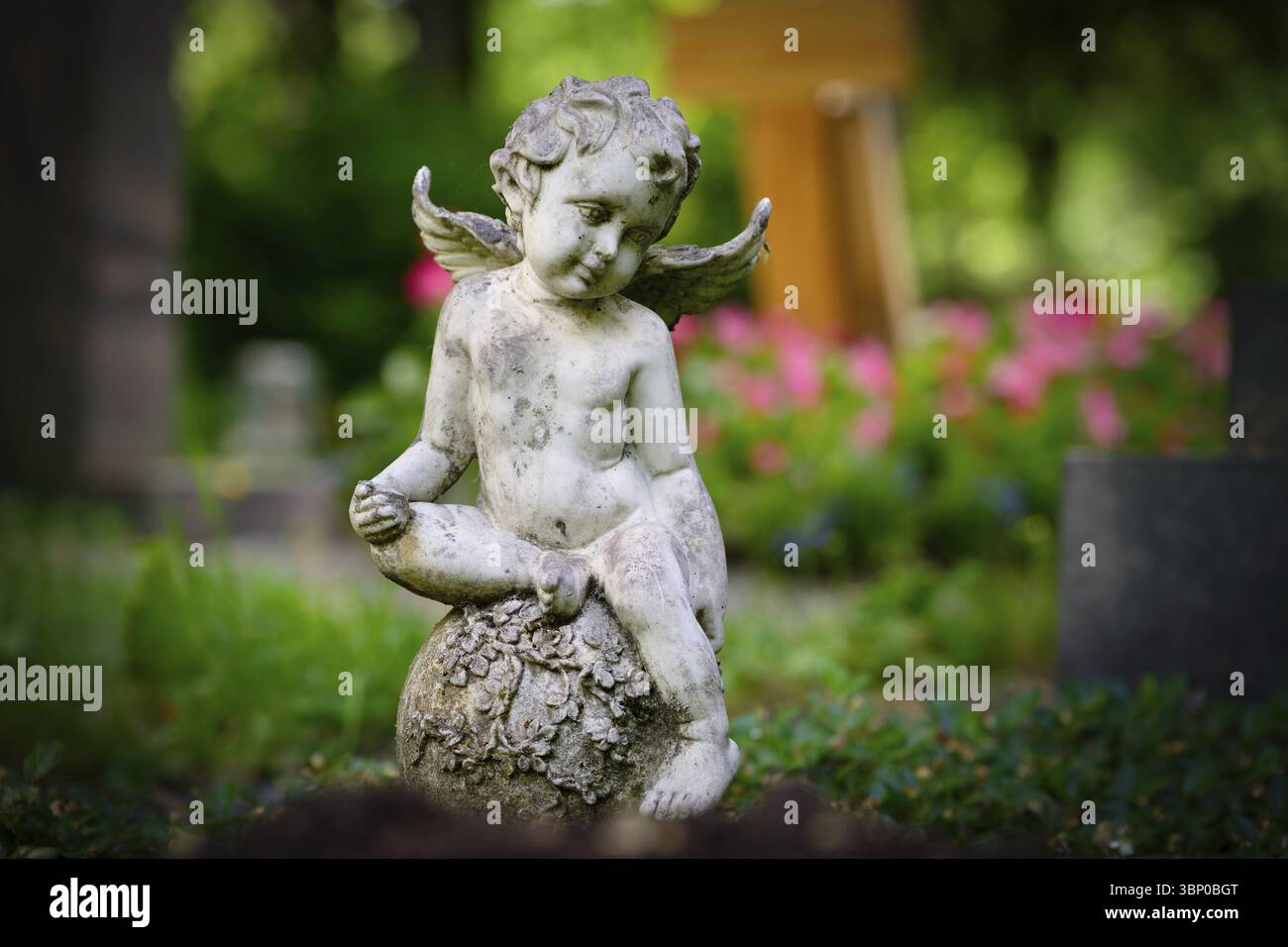 Un petit putto légèrement altéré se trouve sur une sphère ornée sur une tombe dans un cimetière avec une croix en bois et des fleurs roses dans le fond flou Banque D'Images