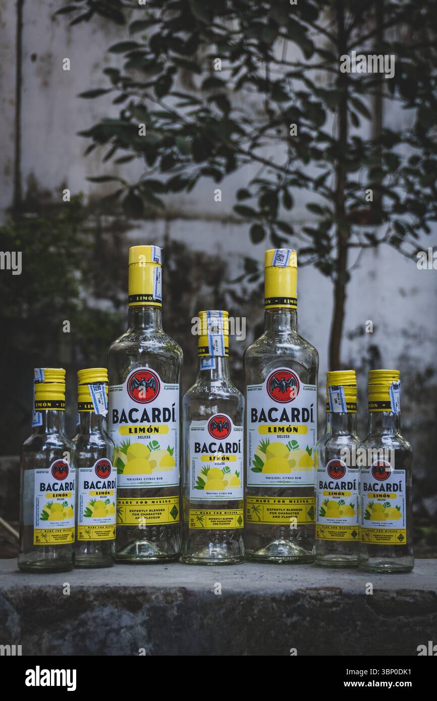 July5th2025 Dehradun City Uttarakhand Inde. Bouteilles de rhum blanc Bacardi exposées – saveur citron, Inde Banque D'Images