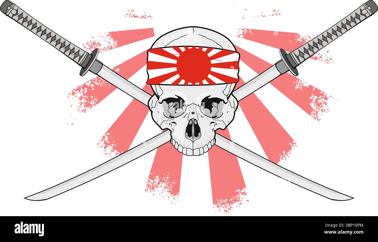 crâne avec des épées croisées de samouraï en bandana avec drapeau de bataille japonais isolé sur fond blanc Banque D'Images