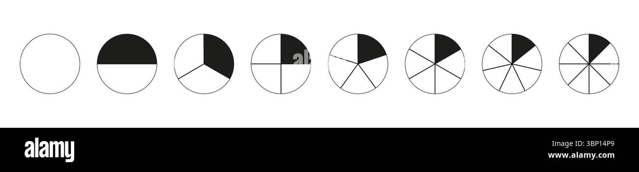 Cercle division sur de 1 à 8 parties égales. Pizza, diagrammes circulaires. Arrondissez les diagrammes divisés avec de un à huit segments. Ensemble d'infographie, coaching Illustration de Vecteur
