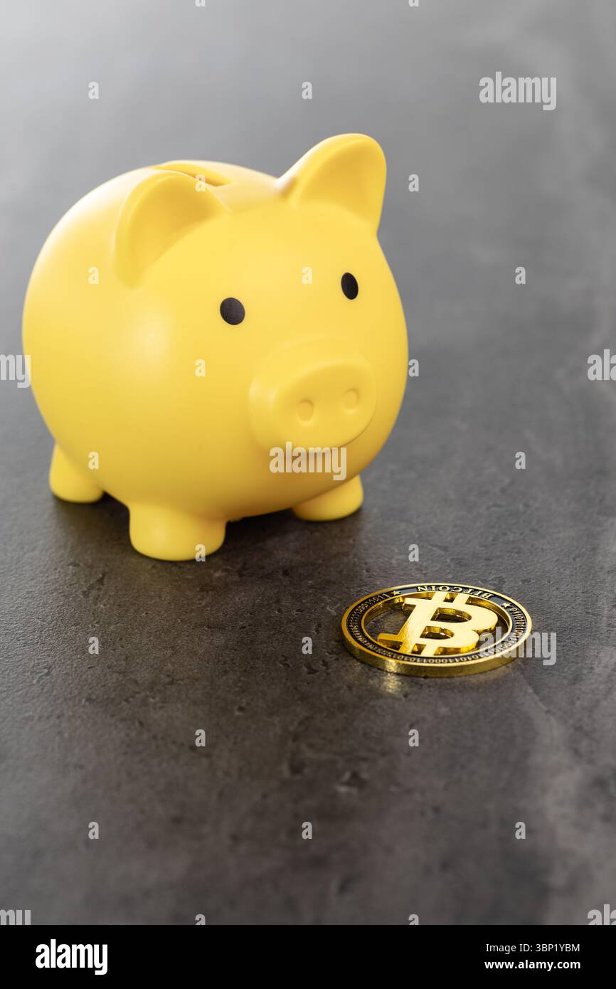 Une tirelire jaune dynamique détient une pièce Bitcoin, illustrant les tendances modernes en matière d'investissement. Parfait pour les conceptions à thème financier, les concepts de crypto-monnaie Banque D'Images