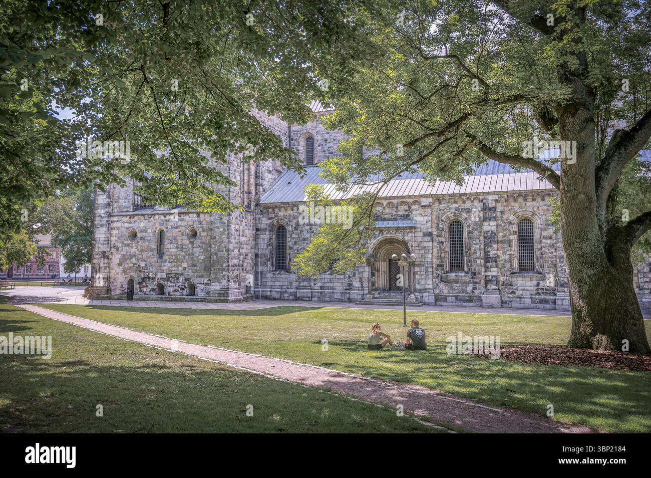 Deux personnes sont assises sur l'herbe à l'ombre d'un grand arbre, profitant d'un après-midi paisible devant la cathédrale de Lund, Suède, le 30 juin 2025 Banque D'Images