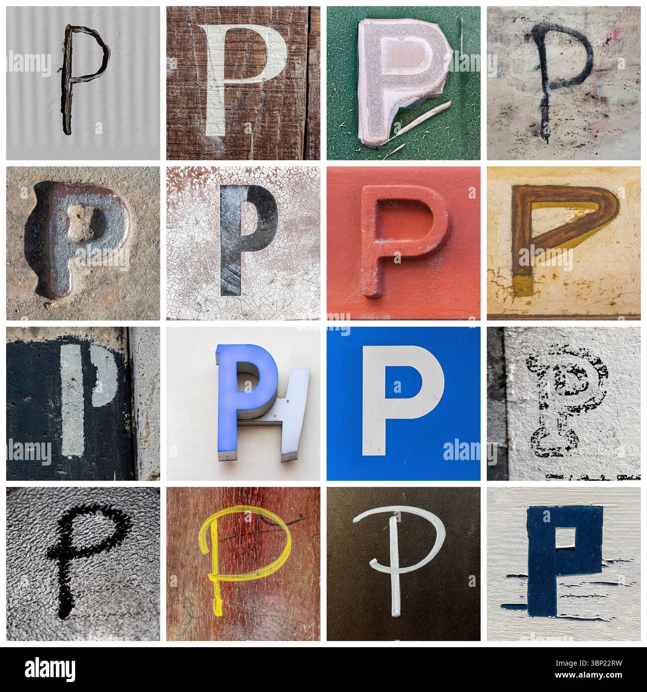 Collection de 16 lettres P majuscules prises dans les rues urbaines Banque D'Images