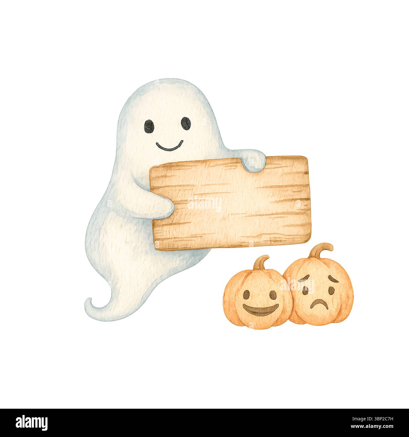 Fantôme souriant avec des citrouilles tenant un signe en bois – clipart kawaii Halloween Banque D'Images