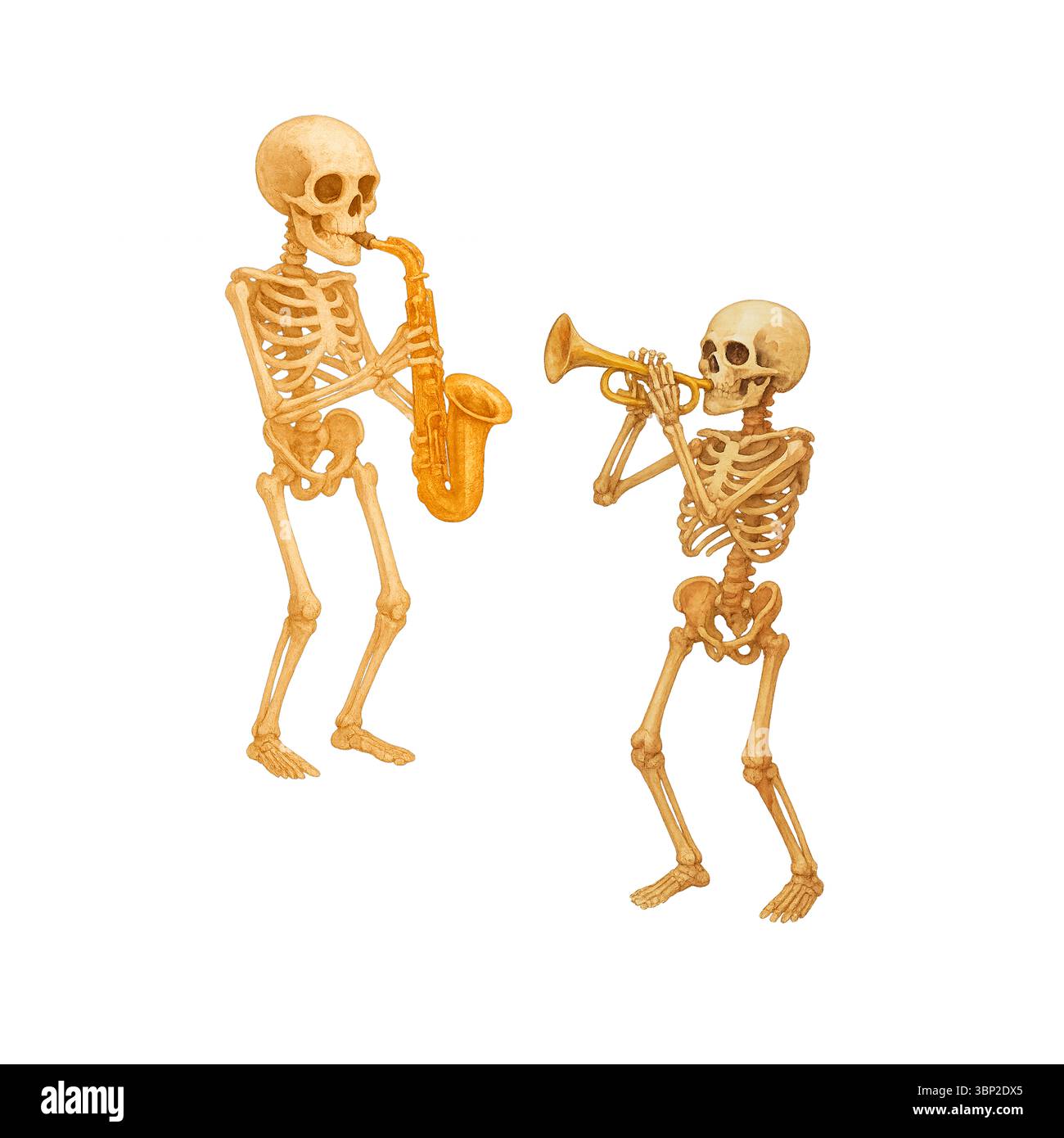 Squelettes dansants avec instruments – illustration Halloween Jazz Duo Banque D'Images