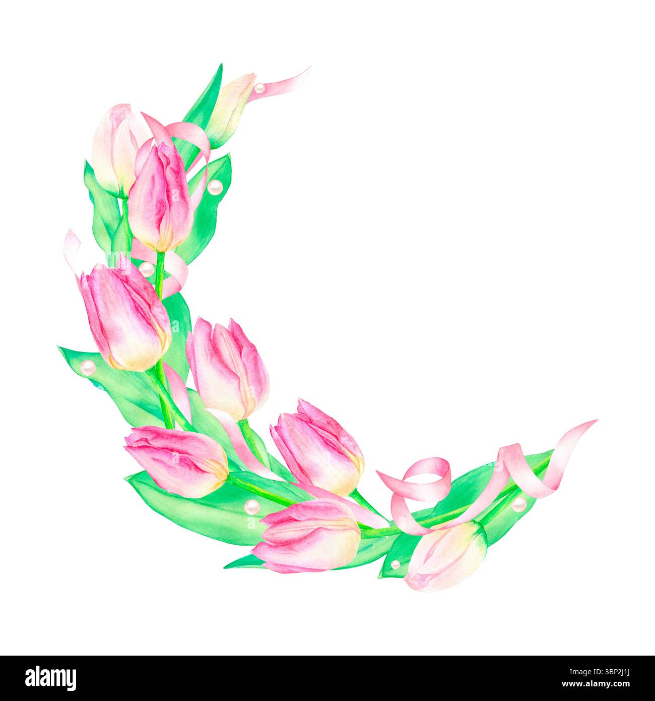 Couronne de printemps aquarelle avec tulipes roses, feuilles, ruban et perles. Peint à la main isolé sur fond blanc. Illustration florale festive pour desig Banque D'Images