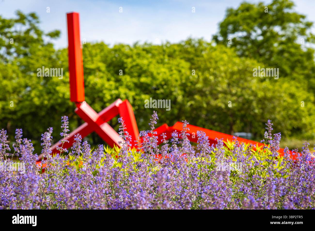 Scène vibrante présentant des fleurs de lavande et des sculptures artistiques à l'arboretum du Minnesota Banque D'Images