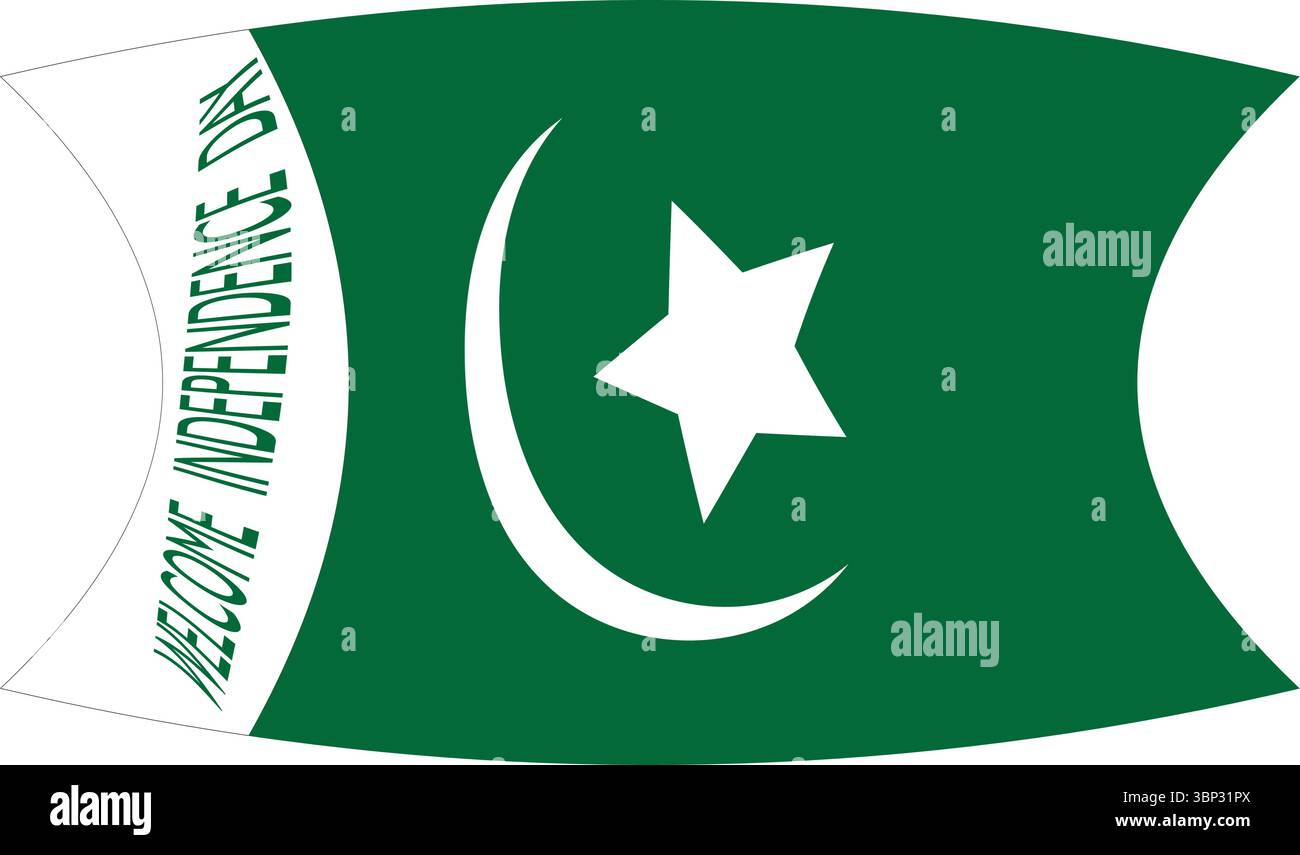 Drapeau incurvé du Pakistan avec texte décoratif du jour de l'indépendance pour l'art de l'affiche Illustration de Vecteur