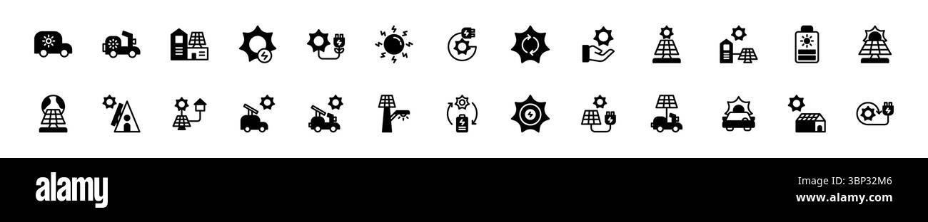 Icon Set énergie solaire, énergie alimentée par la nature. Inclure véhicule électrique, panneau solaire, générateur solaire, serre et appareil rechargeable. Glyphe et Illustration de Vecteur