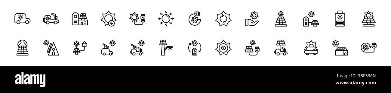 Icon Set énergie solaire, énergie alimentée par la nature. Inclure véhicule électrique, panneau solaire, générateur solaire, serre et appareil rechargeable. Contour a Illustration de Vecteur