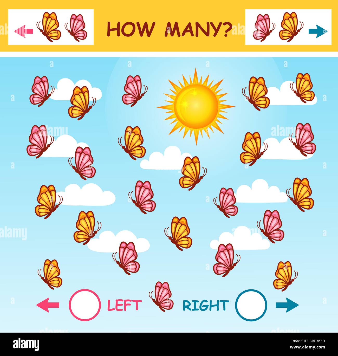 Combien de papillon insecte voler à gauche, à droite direction mathématiques enfants jeu de puzzle d'éducation. Les mathématiques comptent les papillons de nuit. Feuille de travail logique d'apprentissage pour enfants Illustration de Vecteur
