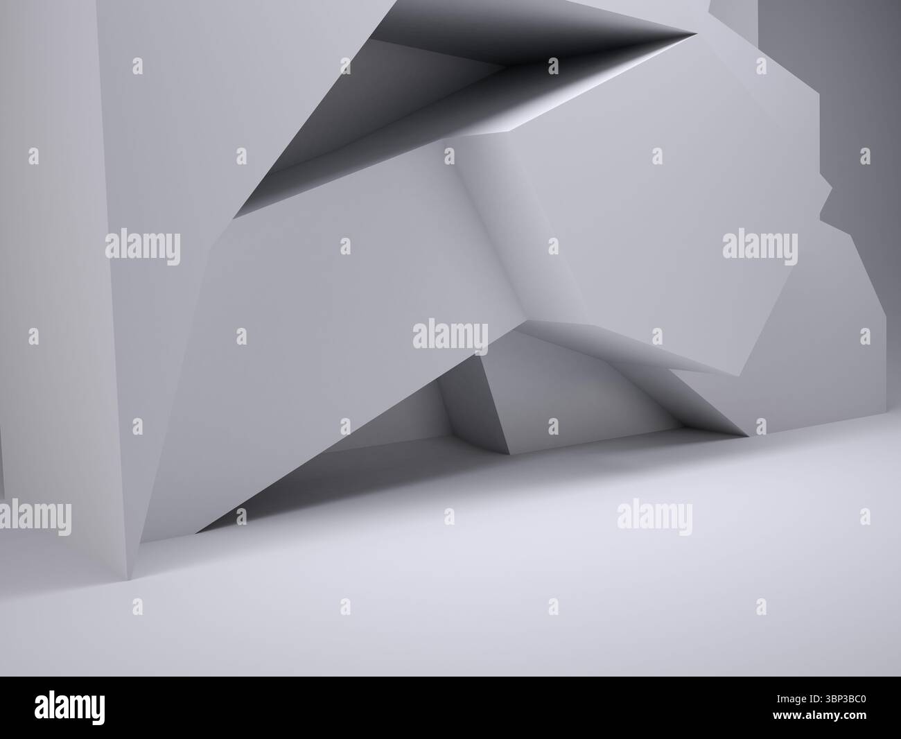 La structure polygonale grise angulaire abstraite est en hausse dans le studio de rendu 3D avec des facettes audacieuses Banque D'Images
