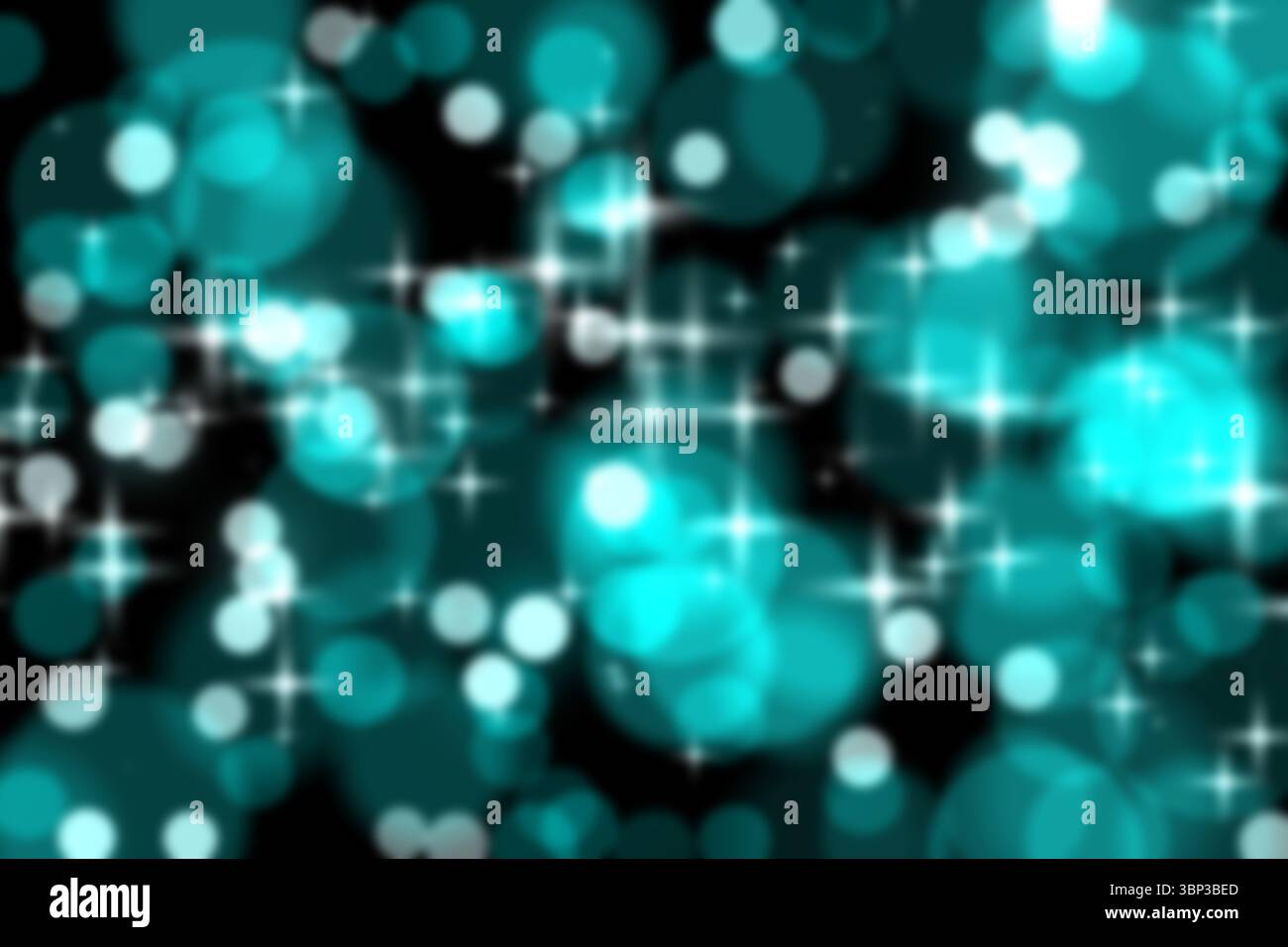 Conception plate abstraite montrant des cercles bokeh sarcelle chatoyants avec des étoiles scintillantes sur fond noir Banque D'Images Conception plate abstraite montrant des cercles bokeh sarcelle chatoyants avec des étoiles scintillantes sur fond noir Banque D'Images