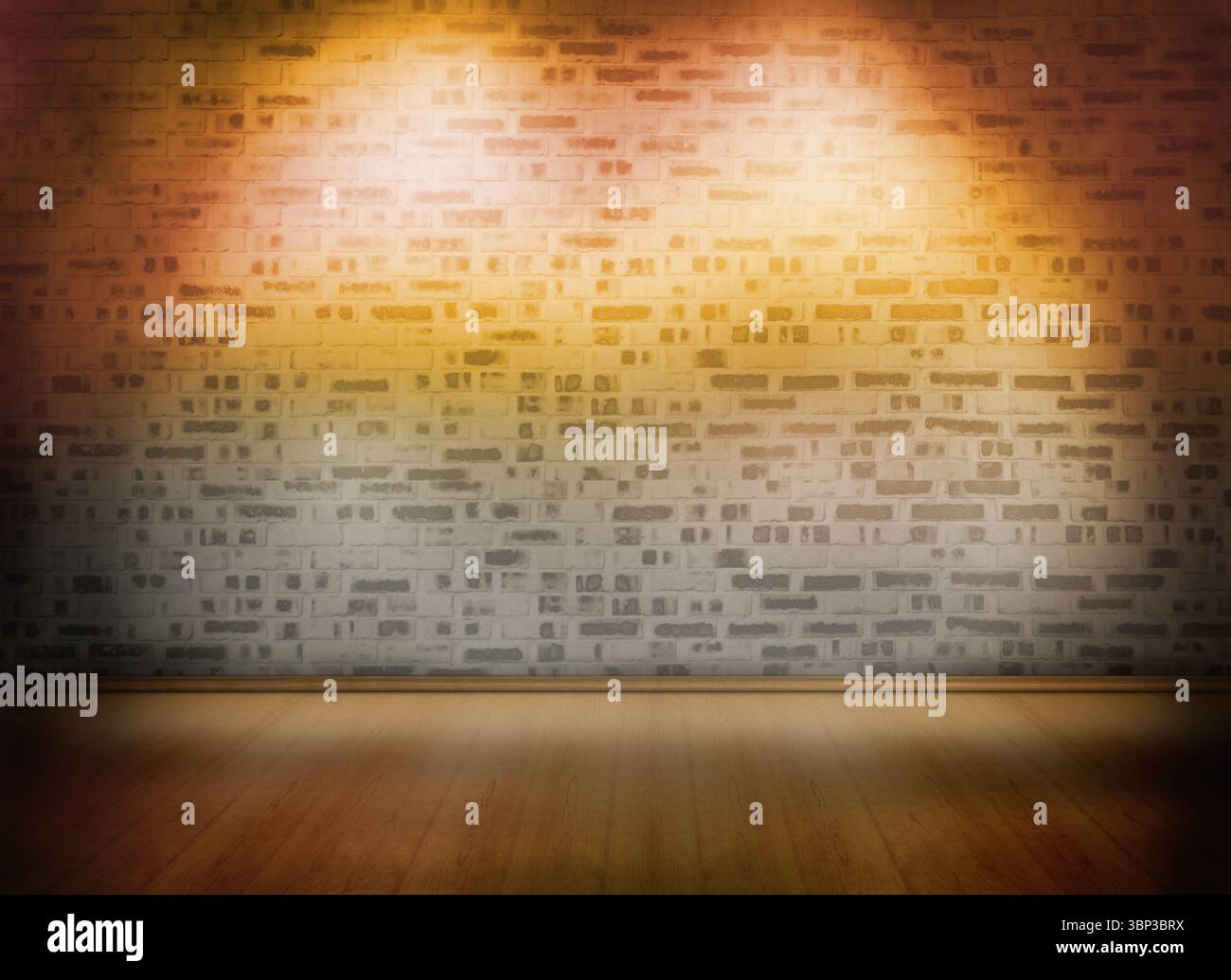 la conception plate montre la scène avec le mur de briques apparentes et le plancher en bois incandescent sous les projecteurs Banque D'Images