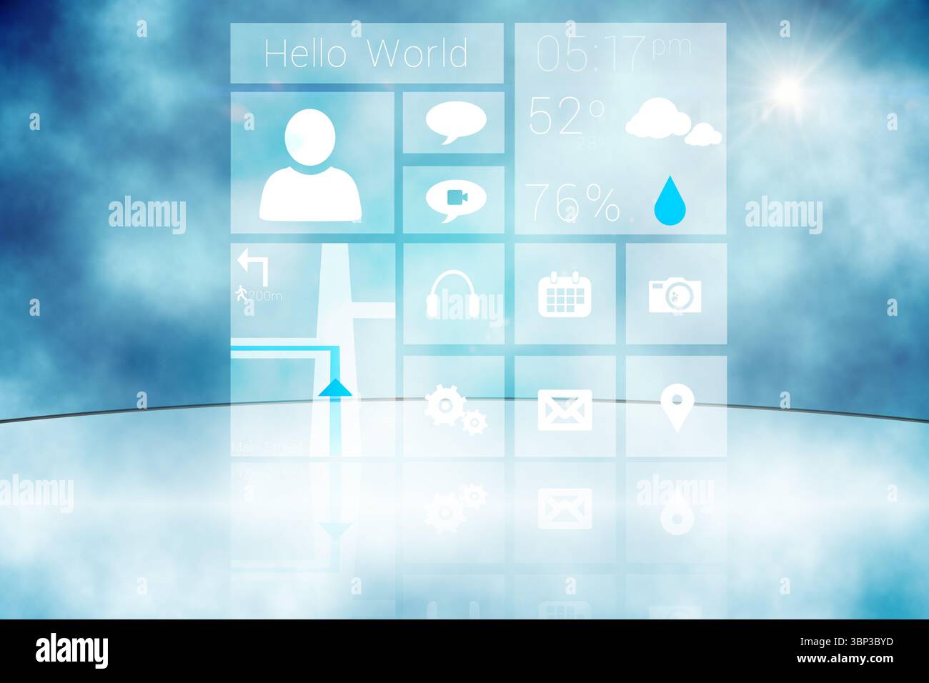 Les panneaux d'interface utilisateur translucides flottent au-dessus du sol en verre avec des icônes et du texte sur fond de brume bleue Banque D'Images
