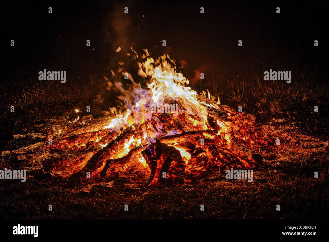 Un grand feu de camp avec des flammes brillantes sur une nuit sombre répand chaleur et lumière Banque D'Images