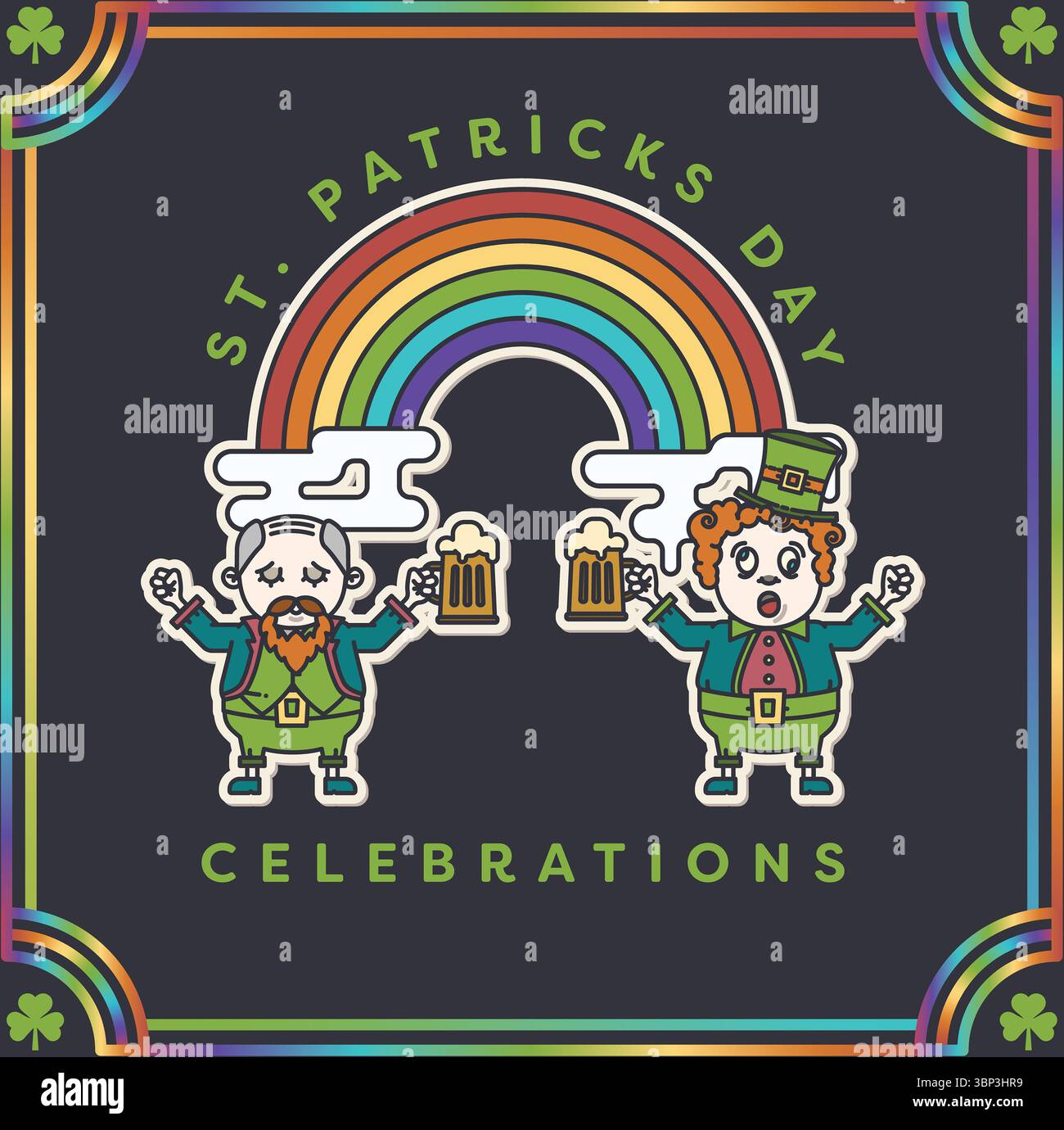 Composition du texte des célébrations de la St patricks avec des icônes de leprechaun sur fond noir Banque D'Images