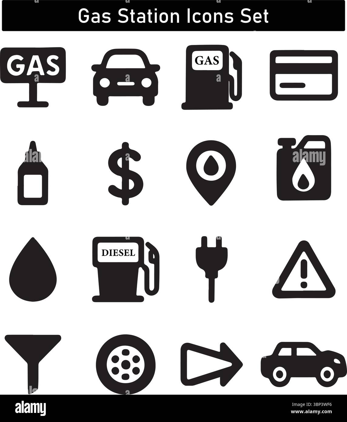 Jeu d'icônes de station-service – carburant, diesel, charge, paiement, emplacement, et symboles automobiles Illustration de Vecteur