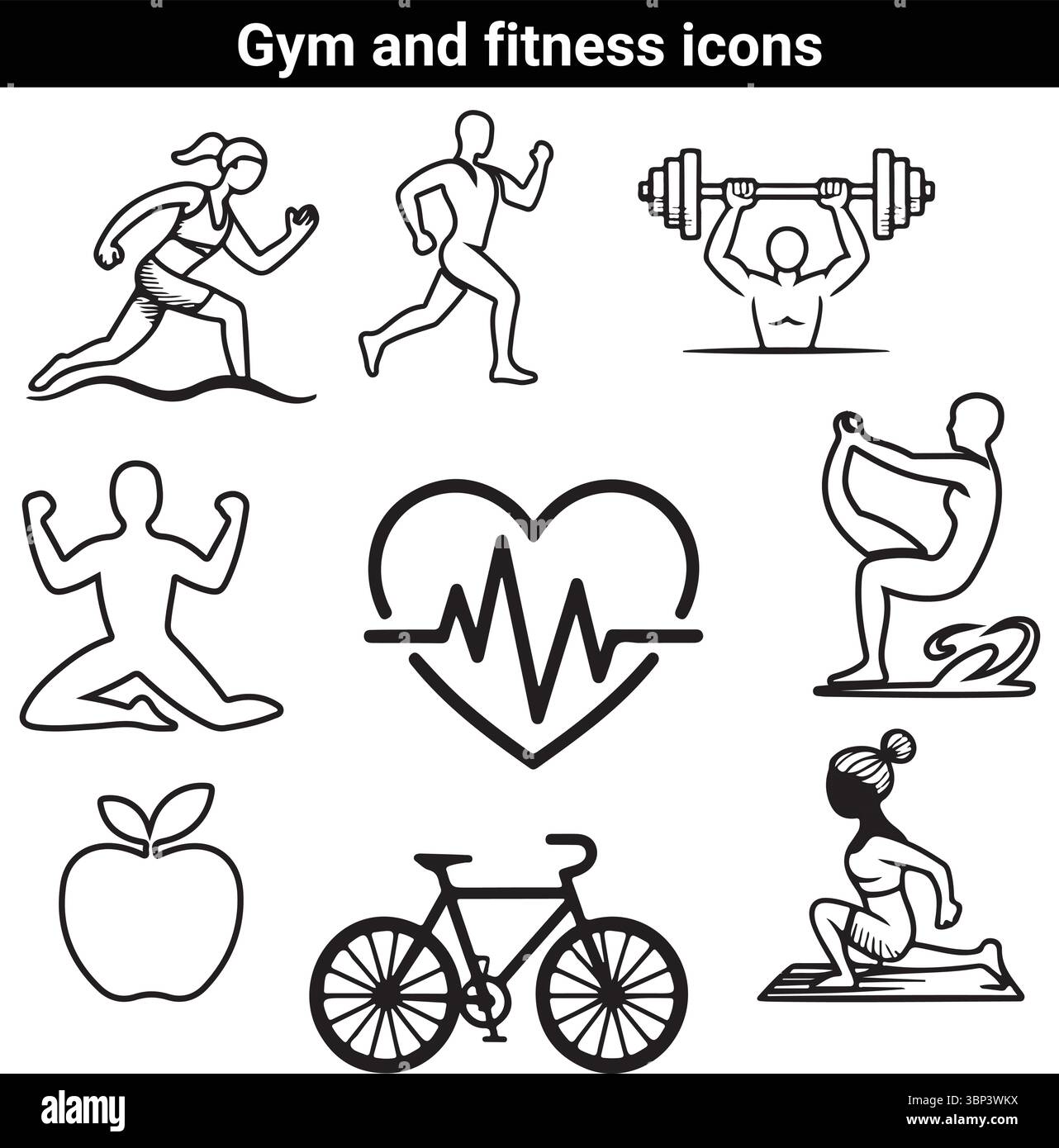 Ensemble d'icônes de gymnastique et de fitness - entraînement, exercice, santé, yoga, symboles de cyclisme Illustration de Vecteur
