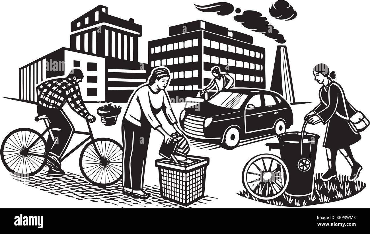 Green City Lifestyle – vie urbaine écologique avec recyclage, vélo et durabilité Illustration de Vecteur