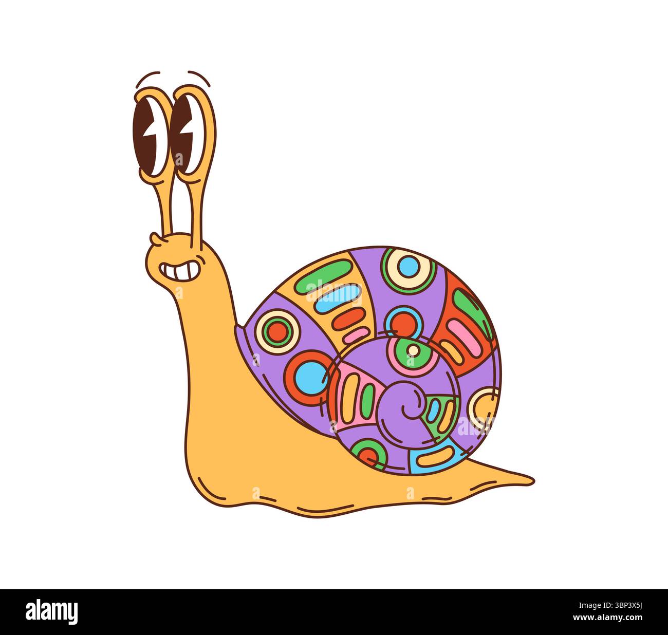 Personnage d'escargot groovy rétro ou symbole hippie. Groovy personnage comique limace avec de grands yeux et un motif psychédélique sur la coquille. Personnage joyeux d'escargot Illustration de Vecteur