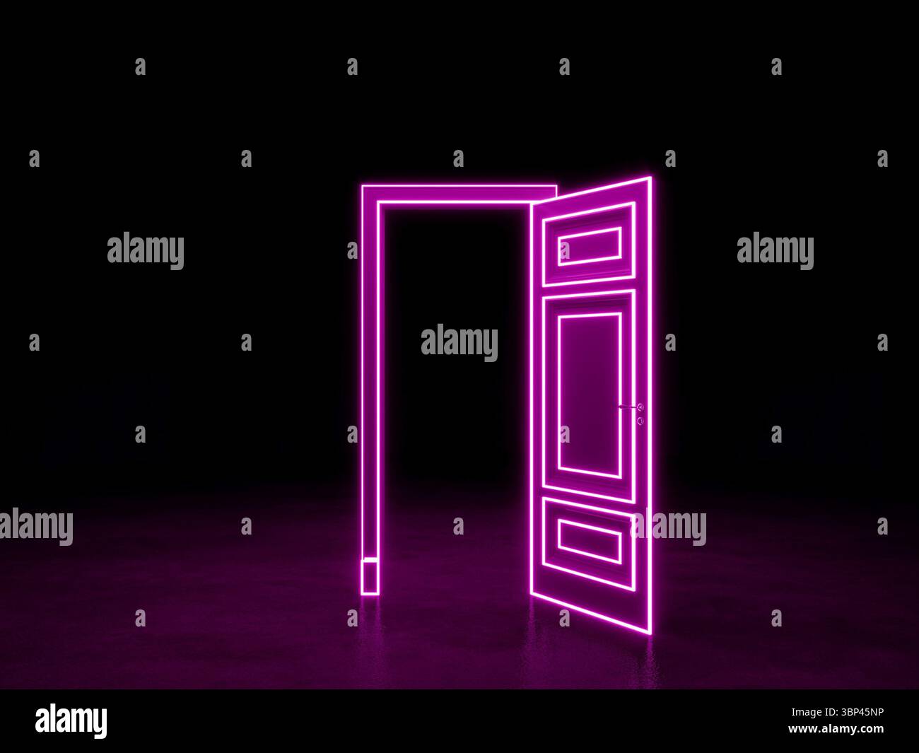 Ouvrez la porte dans l'espace sombre. Porte néon rose violet. Rendu 3D. Banque D'Images
