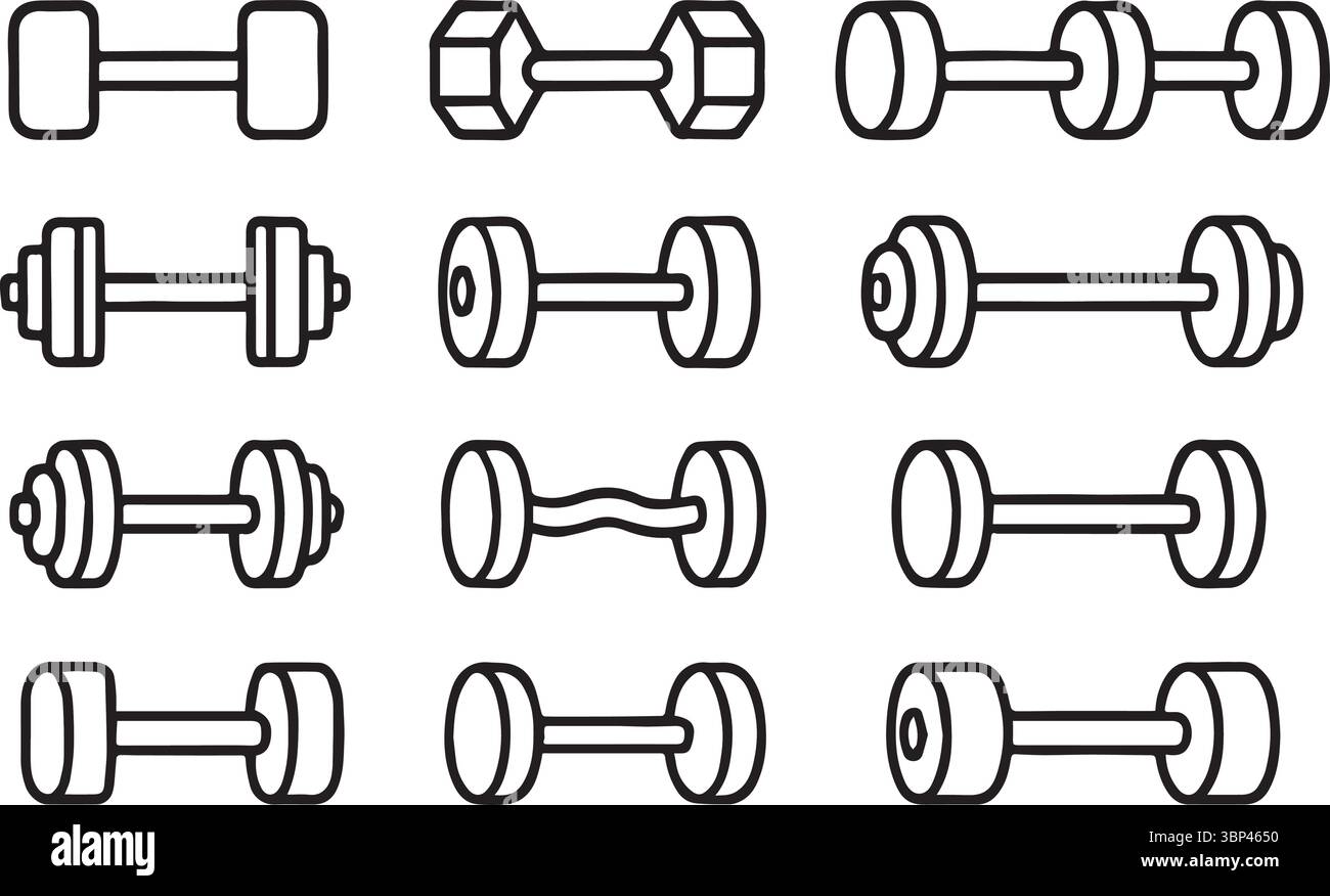 Collection de silhouettes Dumbbell dans des styles assortis et des formes d'équipement de gymnastique Illustration de Vecteur