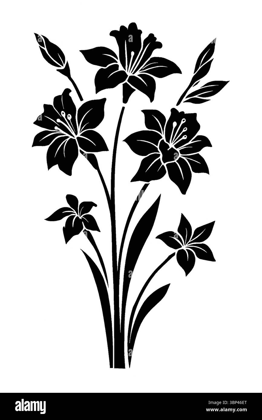 Silhouette noire de fleurs sauvages en fleurs dans un arrangement minimaliste Illustration de Vecteur