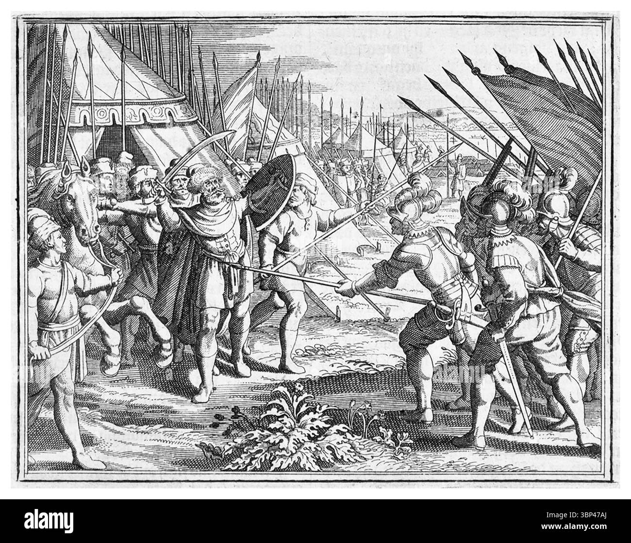 Gravure de l'assassinat de Michel le brave (en roumain : Mihai Viteazul), voïvode (Prince) de la Principauté de Valachie (1593-1600), Transylavnie (1599-1600) et Moldavie (1600), et premier souverain roumain à unir avec succès tous les pays habités par des Roumains ethniques (même pour une courte période). Il est donc considéré comme le héros national le plus important de la Roumanie. c. 1600. Banque D'Images