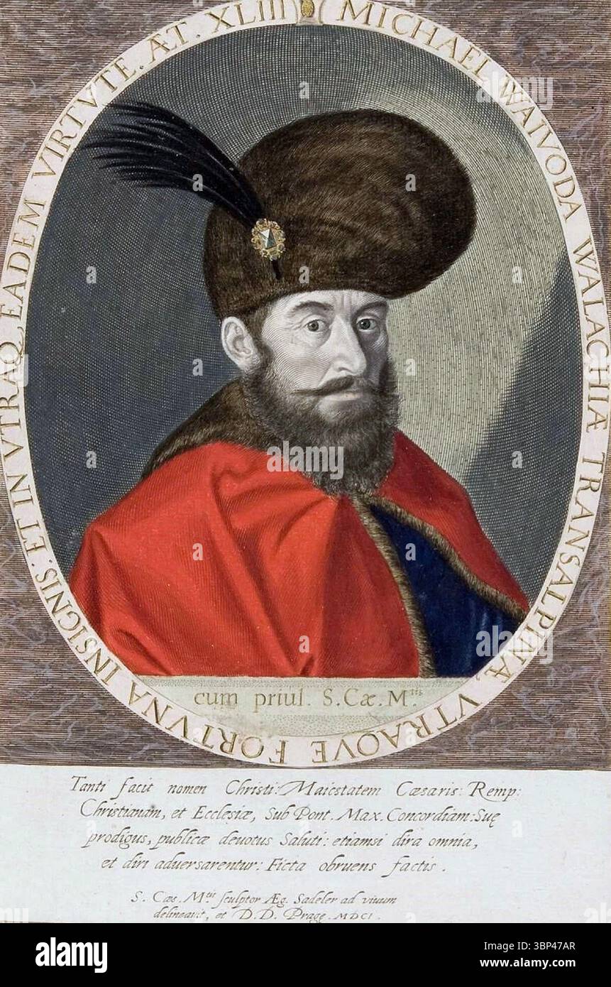 Portrait de Michel le brave (roumain : Mihai Viteazul), voïvode (Prince) de la Principauté de Valachie (1593-1600), Transylavnie (1599-1600) et Moldavie (1600). Il a été le premier dirigeant roumain à unir avec succès tous les pays habités par des Roumains ethniques (même pour une courte période), et est donc considéré comme le héros national le plus important de la Roumanie. c. 1600. Banque D'Images