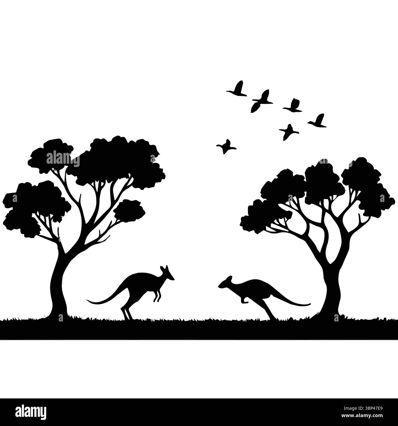 Silhouettes de kangourou et d'oiseau dans la scène Bush australienne Illustration de Vecteur